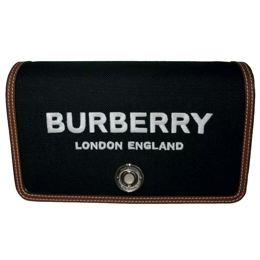 Burberry London England Canvas‎ Crossbody Bag Black with Brown Leather Trim